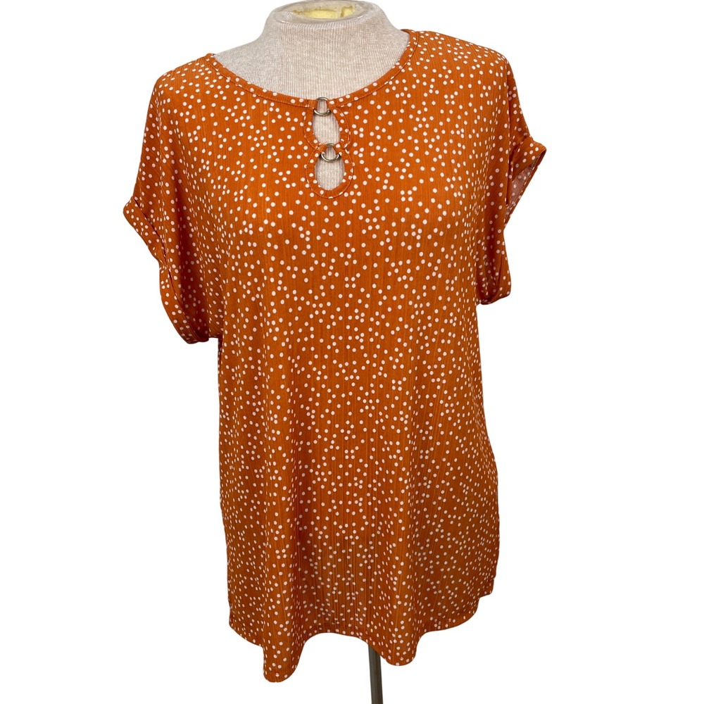 Cure. Orange Polka Dot Short Sleeve Keyhole Casual Tunic‎ Top - Size L